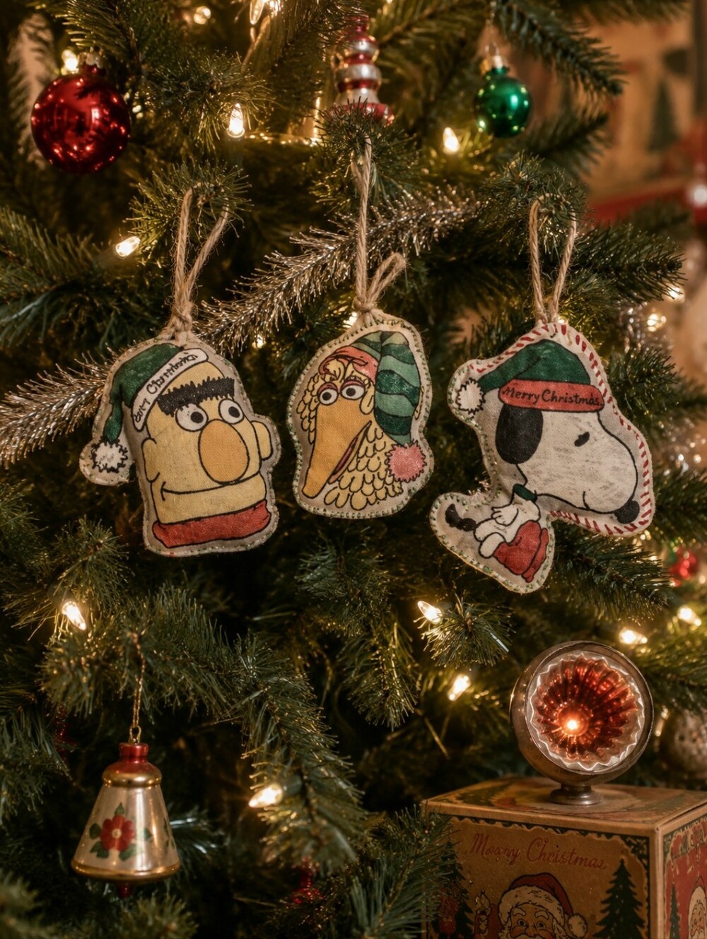 Vintage Sesame Street & Peanuts Plush Ornaments Bert, Big Bird, Snoopy Set of 3